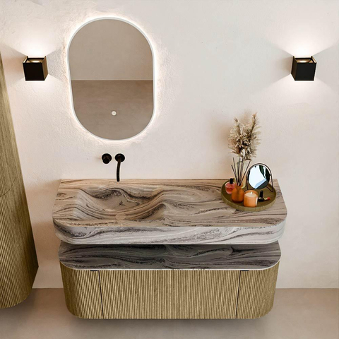 MONDIAZ THOR-DLUX Meuble de salle de bains 130cm arrondi gauche + droite couleur Dusk avec 1 tiroir et 2 portes. Vasque suspendue CLOUD Gauche sans trou de robinet couleur Sombra. SW1464065