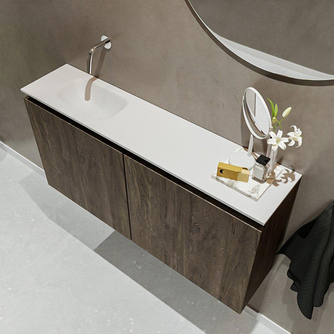 MONDIAZ TURE Toiletmeubel 100x23x50cm met 0 kraangaten 2 deuren dark brown mat Wastafel Eden links Solid Surface Wit SW475196