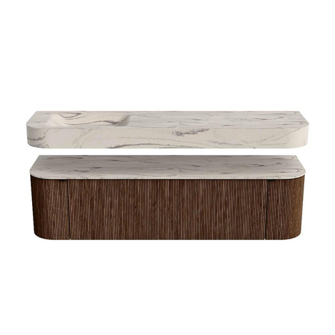 MONDIAZ THOR-DLUX Meuble de salle de bains 170cm arrondi gauche + droite couleur Walnut avec 1 tiroir et 2 portes. Vasque suspendue CLOUD Gauche 1 trou de robinet couleur Nata. SW1465779