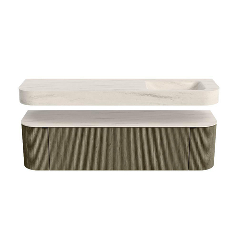 MONDIAZ THOR-DLUX 170cm meuble de salle de bains arrondi gauche + droite couleur Shadow avec 1 tiroir et 2 portes. Vasque suspendue CLOUD droite sans trou de robinet couleur Meli. SW1465757