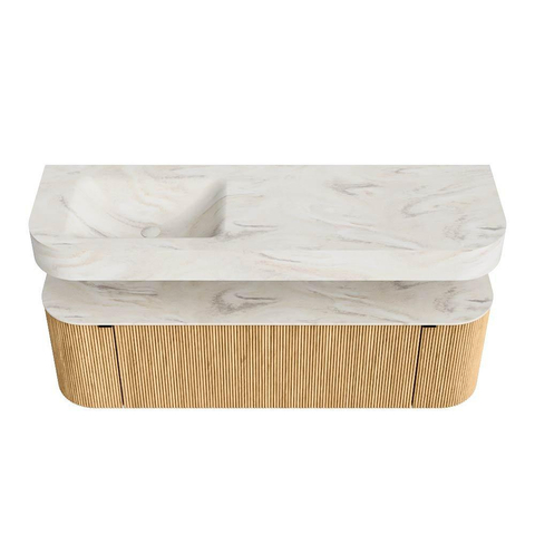 MONDIAZ THOR-DLUX 150cm badmeubel ronding links + rechts kleur Oak met 1 lade en 2 deuren. Vrijhangende wastafel CLOUD Links zonder kraangat kleur Ostra. SW1464628