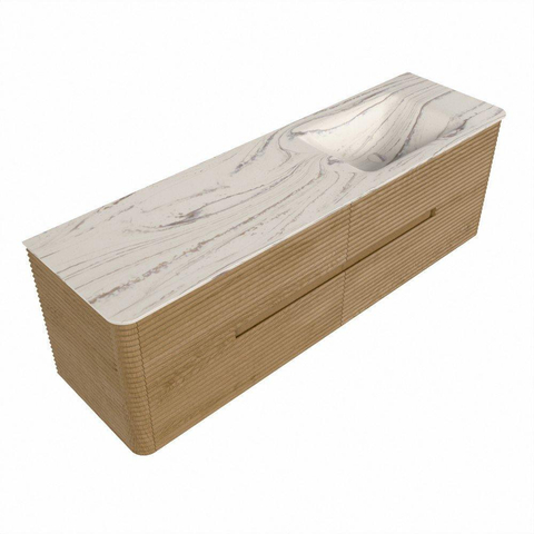 Mondiaz CIRO-DLUX Meuble de salle de bains - 160x45x50cm - Plan vasque solid surface Nata - 1 lavabo à droite - sans trous de robinetterie - 4 tiroirs - Chêne SW1531205