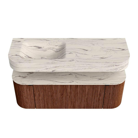 MONDIAZ THOR-DLUX 130cm meuble de salle de bains arrondi gauche + droite couleur Ruby avec 1 tiroir et 2 portes. Vasque suspendue CLOUD Gauche sans trou de robinet couleur Nata. SW1463859