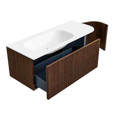 MONDIAZ KURVE Meuble de salle de bains 115 cm avec module 25 R couleur Walnut avec 1 tiroir et 1 porte. Lavabo BIG SMALL gauche sans trou de robinet Talc. SW1138252