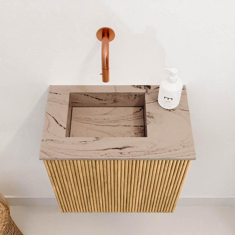 Mondiaz JOYA-DLUX 40cm toiletmeubel - kleur Oak - Wastafel FAYE positie Links Zonder kraangat kleur Arena. SW1423866