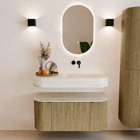 MONDIAZ THOR-DLUX 100cm meuble de salle de bains arrondi gauche + droite couleur Dusk avec 1 tiroir et 2 portes. Vasque suspendue CLOUD Droite sans trou de robinet couleur Meli. SW1467482