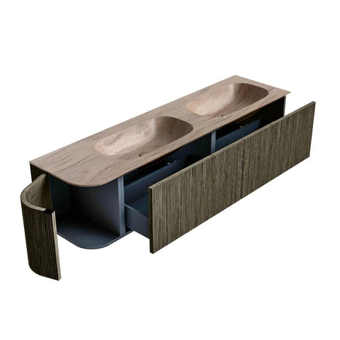 MONDIAZ KURVE-DLUX Meuble de salle de bains 175cm arrondi à gauche couleur Shadow avec 2 tiroirs et 1 porte. Lavabo STOR SMALL Double / Droit sans trou de robinet Saba. SW1433296