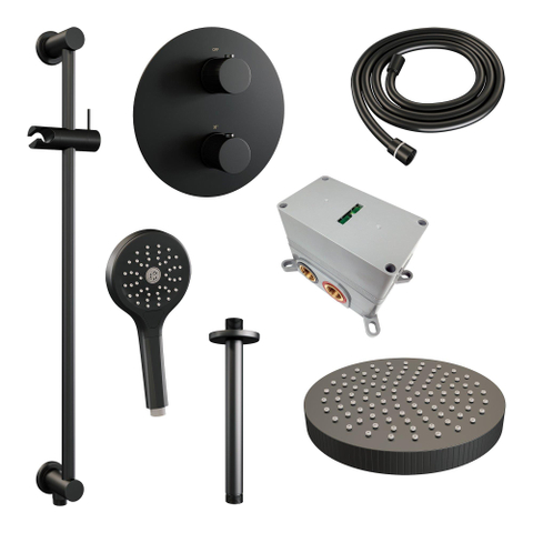 BRAUER Stripe Douche de tête thermostatique encastrée - 3 voies - ronde - SET 48 - pomme de douche 25cm - bras de plafond - douchette 3 positions - flexible de douche - barre coulissante intégrée - noir mat SW1435176
