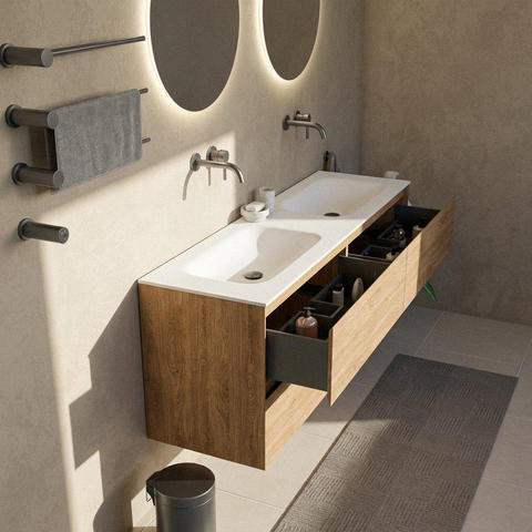 Saniclass Holz Pure Badkamermeubelset - 160x45x61.5cm - Flow solid surface wastafel wit - 2 wasbakken - zonder kraangaten - 4 lades - mat eiken natural (hout) SW1478451