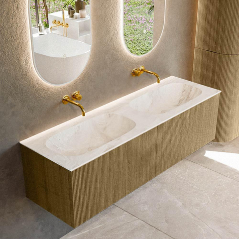 Mondiaz KURVE-DLUX Ensemble de meuble de salle de bains - 150x46x40cm - 2 tiroirs - lavabo solid surface - double - sans trou de robinet - Dusk SW1415030