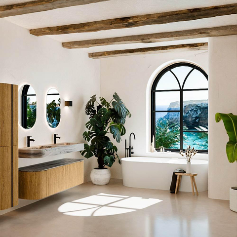 MONDIAZ THOR-DLUX 150cm badmeubel ronding links + rechts kleur Oak met 1 lade en 2 deuren. Vrijhangende wastafel CLOUD Dubbel 2 kraangaten kleur Sombra. SW1464925