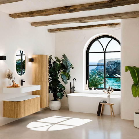 MONDIAZ THOR 110cm badmeubel ronding links + rechts kleur Oak met 1 lade en 2 deuren. Vrijhangende wastafel CLOUD Rechts 1 kraangat kleur Talc. SW1462725