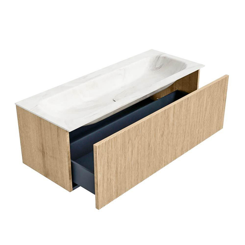MONDIAZ KURVE-DLUX Meuble de salle de bains 120 cm couleur Oak avec 1 tiroir. Lavabo BIG LARGE central 2 trous de robinet couleur Ostra. SW1137742