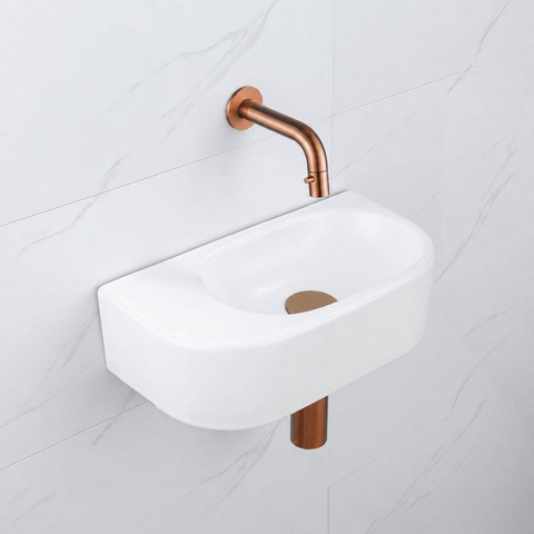 QeramiQ Fuente pack lave-mains – demi-rond – 40 x 21,5 x 12 cm – céramique blanc mat – robinet cuivre brossé SW1233123
