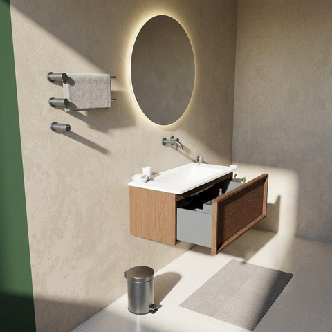 Saniclass Holz Frame Badkamermeubelset - 100x45x57.5cm - Torino solid surface wastafel wit - zonder kraangat - 1 lade - mat walnut pure (hout) SW1478661