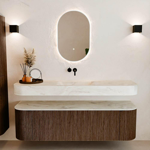 MONDIAZ THOR-DLUX 160cm badmeubel ronding links + rechts kleur Walnut met 1 lade en 2 deuren. Vrijhangende wastafel CLOUD Midden zonder kraangat kleur Ostra. SW1465008