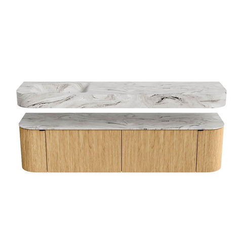 MONDIAZ THOR-DLUX Meuble de salle de bains 180cm arrondi gauche + droite couleur Oak avec 2 tiroirs et 2 portes. Vasque suspendue CLOUD Gauche 1 trou de robinet couleur Glace. SW1465888