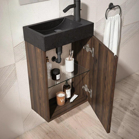 Saniclass Chaci Toiletmeubelset - 40x65cm - 1 deur - 1 kraangat - rechts - fontein natuursteen donker - noten SW1482347