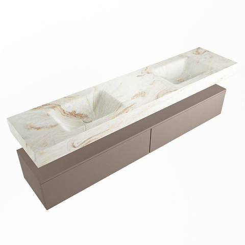 Mondiaz ALAN-DLUX Ensemble de meuble - 200cm - meuble Smoke mat - 2 tiroirs - Lavabo Cloud Frappe suspendu - vasque Gauche et droite - 2 trous de robinet SW805285