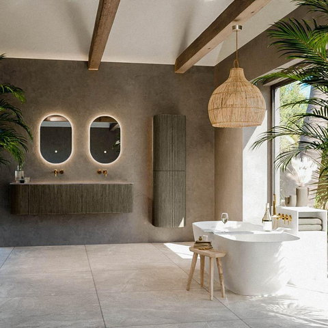 MONDIAZ KURVE-DLUX Meuble de salle de bains 165cm arrondi à gauche couleur Shadow avec 2 tiroirs et 1 porte. Lavabo STOR SMALL Double / à droite sans trou de robinet Oza. SW1432927