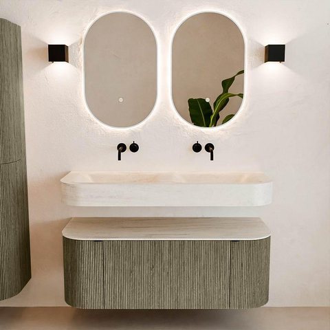 MONDIAZ THOR-DLUX 120cm meuble de salle de bains arrondi gauche + droite couleur Shadow avec 1 tiroir et 2 portes. Vasque suspendue CLOUD Double sans trou de robinet couleur Meli. SW1463328