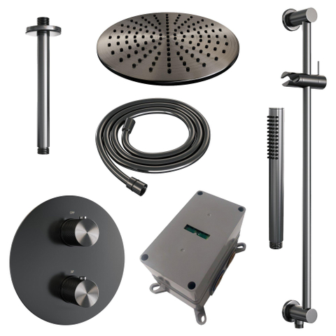 BRAUER Gunmetal Carving douche de pluie encastrée thermostatique - 3 voies - rond - set 90 - pomme de douche 30 cm - bras de plafond - douchette barre - flexible de douche - barre de douche intégrée - gunmetal brossé PVD SW1159186