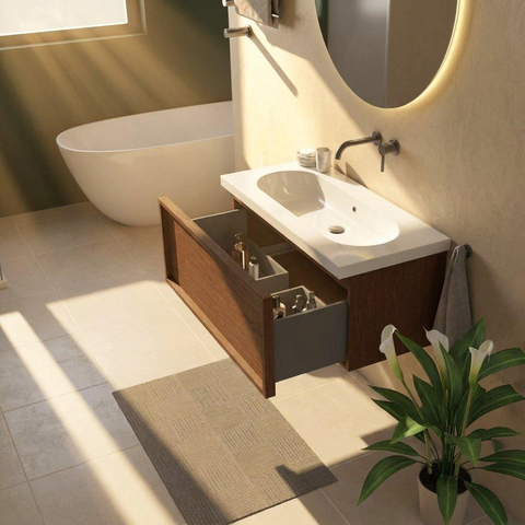Saniclass Holz Frame Ensemble meuble de salle de bains - 100x45x43.5cm - Palermo lavabo en céramique blanc - 1 vasque - sans trou de robinetterie - 1 tiroir - walnut pure mat (bois) SW1478613