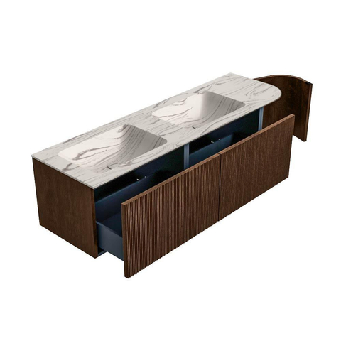 MONDIAZ KURVE-DLUX 155cm badmeubel ronding Rechts kleur Walnut met 2 lades en 1 deur. Wastafel LEAF Dubbel / Links zonder kraangat Nata. SW1432220