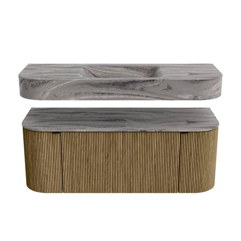 MONDIAZ THOR-DLUX 120cm meuble de salle de bains arrondi gauche + droite couleur Dusk avec 1 tiroir et 2 portes. Vasque suspendue CLOUD Milieu sans trou de robinet couleur Sombra. SW1463682