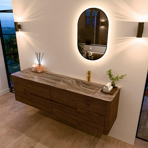 Mondiaz CIRO-DLUX Badkamermeubelset - 180x45x50cm - Solid surface wastafel Sombra - 1 wasbak Rechts - 1 kraangat - 4 lades - Dusk SW1533426