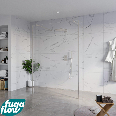 FugaFlow Eccelente Vetro Vrijstaande inloopdouche badkamer - 140x200cm - Helder - antikalk - 8mm veiligheidsglas - 2 zijwanden 30cm - met wandarmen en hoekprofielen - RVS geborsteld - SW1125448