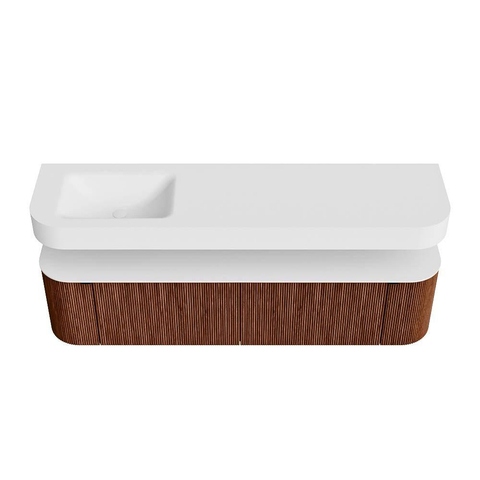 MONDIAZ THOR 180cm meuble de salle de bains arrondi gauche + droite couleur Ruby avec 2 tiroirs et 2 portes. Vasque suspendue CLOUD Gauche 1 trou de robinet couleur Talc. SW1466028