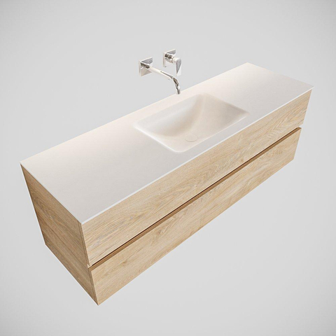 MONDIAZ VICA Ensemble de meuble salle de bain - 150cm - 2 tiroirs - lavabo Cloud au centre - 0 trous de robinet - solid surface chêne blanchi SW410021