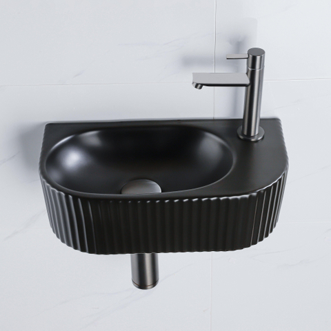 QeramiQ Fuente fonteinset – halfrond – 40x21.5x12 cm – kraangat rechts – kraan gunmetal – geribbeld SW1233035