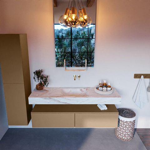 Mondiaz ALAN-DLUX Ensemble de meuble - 150cm - meuble Oro mat - 2 tiroirs - Lavabo Cloud Frappe suspendu - vasque Centre - 0 trous de robinet SW804891