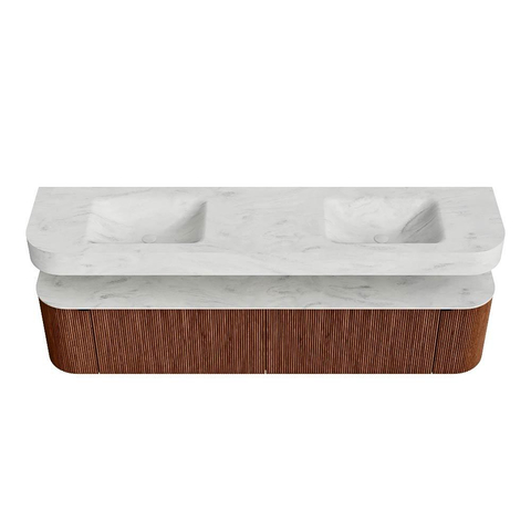 MONDIAZ THOR-DLUX 200cm meuble de salle de bains arrondi gauche + droite couleur Ruby avec 2 tiroirs et 2 portes. Vasque suspendue CLOUD Double 2 trous de robinet couleur Opalo. SW1466921