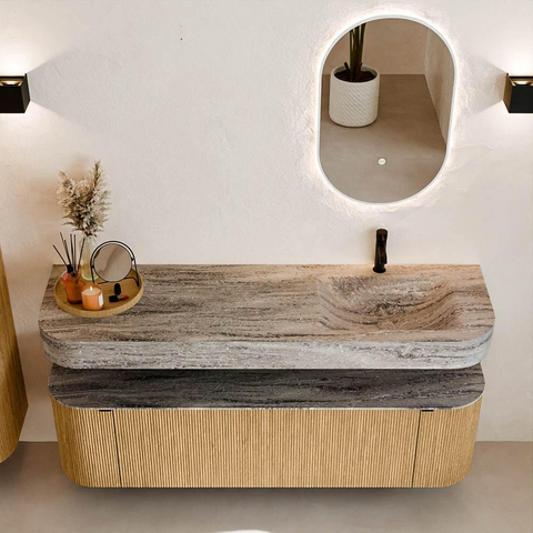 MONDIAZ THOR-DLUX 160cm meuble de salle de bains arrondi gauche + droite couleur Oak avec 1 tiroir et 2 portes. Vasque suspendue CLOUD Droite 1 trou de robinet couleur Oza. SW1465295