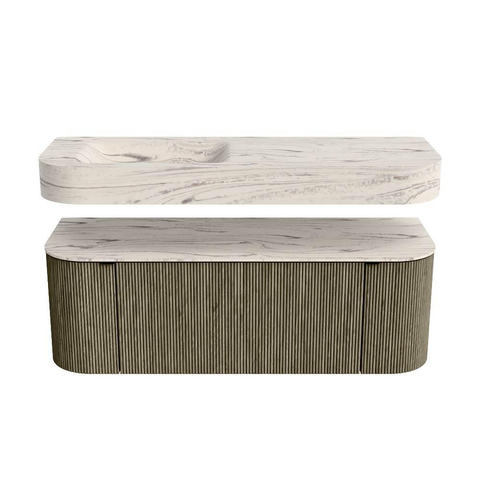MONDIAZ THOR-DLUX 130cm meuble de salle de bains arrondi gauche + droite couleur Shadow avec 1 tiroir et 2 portes. Vasque suspendue CLOUD Gauche sans trou de robinet couleur Nata. SW1463862