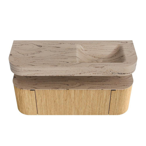 MONDIAZ THOR-DLUX Meuble de salle de bains 130cm arrondi gauche + droite couleur Oak avec 1 tiroir et 2 portes. Vasque suspendue CLOUD Droite 1 trou de robinet couleur Arena. SW1463788