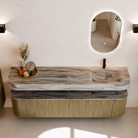 MONDIAZ THOR-DLUX Meuble de salle de bains 190cm arrondi gauche + droite couleur Dusk avec 2 tiroirs et 2 portes. Vasque suspendue CLOUD Droite 1 trou de robinet couleur Sombra. SW1466720