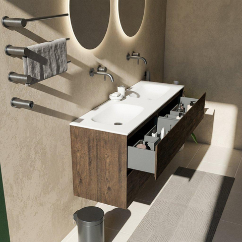 Saniclass Holz Pure Badkamermeubelset - 140x45x61.5cm - Flow solid surface wastafel wit - 2 wasbakken - zonder kraangaten - 4 lades - mat eiken charcoal (hout) SW1478431