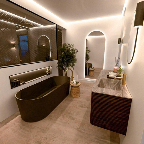 Mondiaz CIRO-DLUX Badkamermeubelset - 160x45x50cm - Solid surface wastafel Sombra - 1 wasbak Rechts - 1 kraangat - 4 lades - Walnut SW1530772