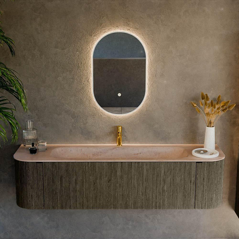 MONDIAZ KURVE-DLUX Meuble de salle de bains 170cm arrondi Gauche + Droite couleur Shadow avec 1 tiroir et 2 portes. Lavabo BIG LARGE Milieu 1 trou de robinet Saba. SW1433265