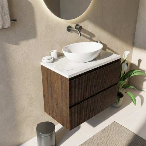 Saniclass Holz Atelier Badkamermeubelset - 80x45x63cm - Dia marmeren wastafelblad gepolijst (wit) - zonder kraangat - 2 lades - mat eiken charcoal (hout) SW1478337