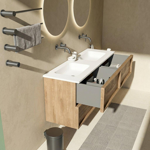Saniclass Holz Frame Badkamermeubelset - 140x45x77.5cm - Torino solid surface wastafel wit - zonder kraangat - 4 lades - mat eiken natural (hout) SW1579924