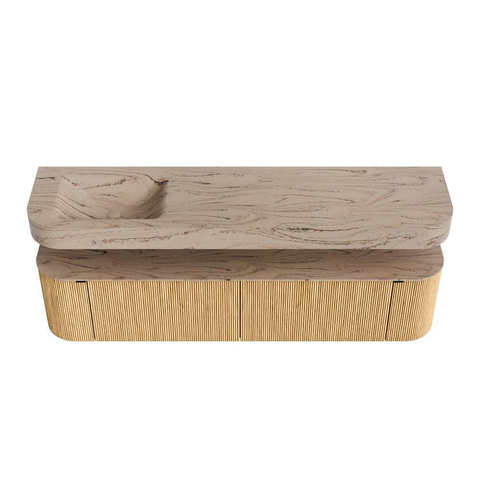 MONDIAZ THOR-DLUX 190cm meuble de salle de bains arrondi gauche + droite couleur Oak avec 2 tiroirs et 2 portes. Vasque suspendue CLOUD Gauche sans trou de robinet couleur Arena. SW1466573