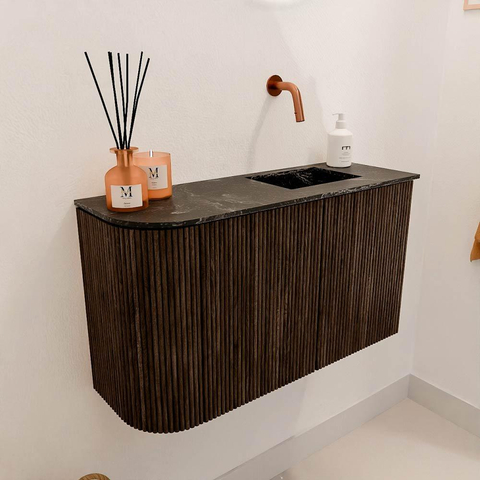 Mondiaz JOYA-DLUX 71.6cm toiletmeubel - ronding links kleur Walnut - Wastafel FAYE positie Rechts Zonder kraangat kleur Lava. SW1422466