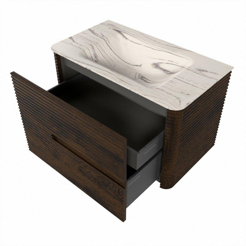 Mondiaz CIRO-DLUX Badkamermeubelset - 80x45x50cm - Solid surface wastafel Nata - 1 wasbak Midden - 1 kraangat - 2 lades - Walnut SW1530537