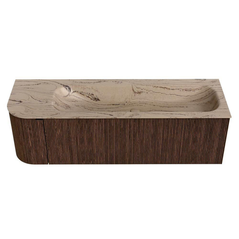 MONDIAZ KURVE-DLUX Meuble de salle de bains 145cm arrondi à gauche couleur Walnut avec 1 tiroir et 1 porte. Lavabo BIG LARGE à droite sans trou de robinet Arena. SW1431240