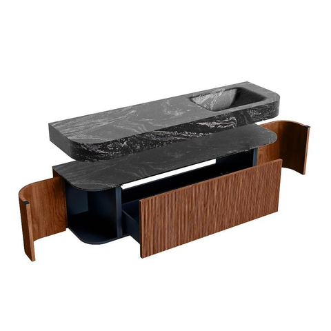 MONDIAZ THOR-DLUX 160cm meuble de salle de bains arrondi gauche + droite couleur Ruby avec 1 tiroir et 2 portes. Vasque suspendue CLOUD Droite 1 trou de robinet couleur Lava. SW1465169